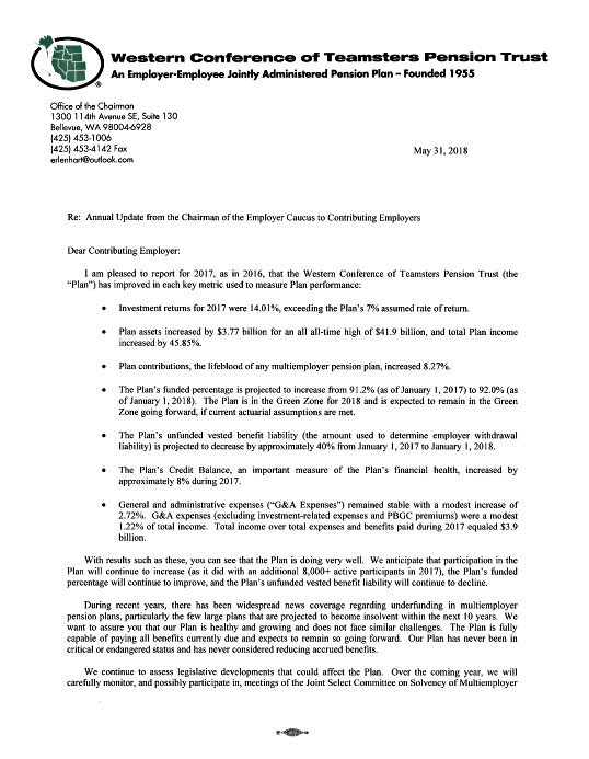 Letter from Employer Chairman The Western Conference of Teamsters